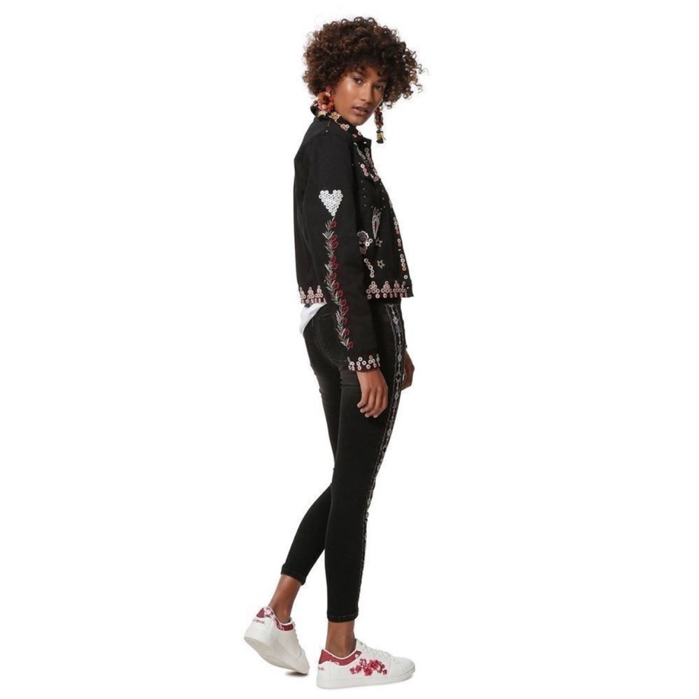 Desigual Ferrara Black Embellished Studded Embroidered Jacket Size 36, US Size 4 - Picture 2 of 16